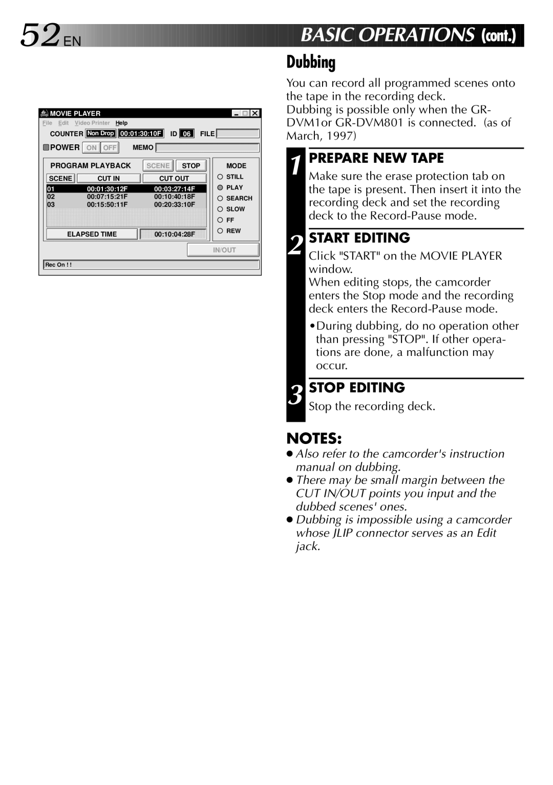 JVC LYT0002-0H6B Basic OP Eration S, Dubbing, Prepare NEW Tape, Start Editing, Click Start on the Movie Player window 