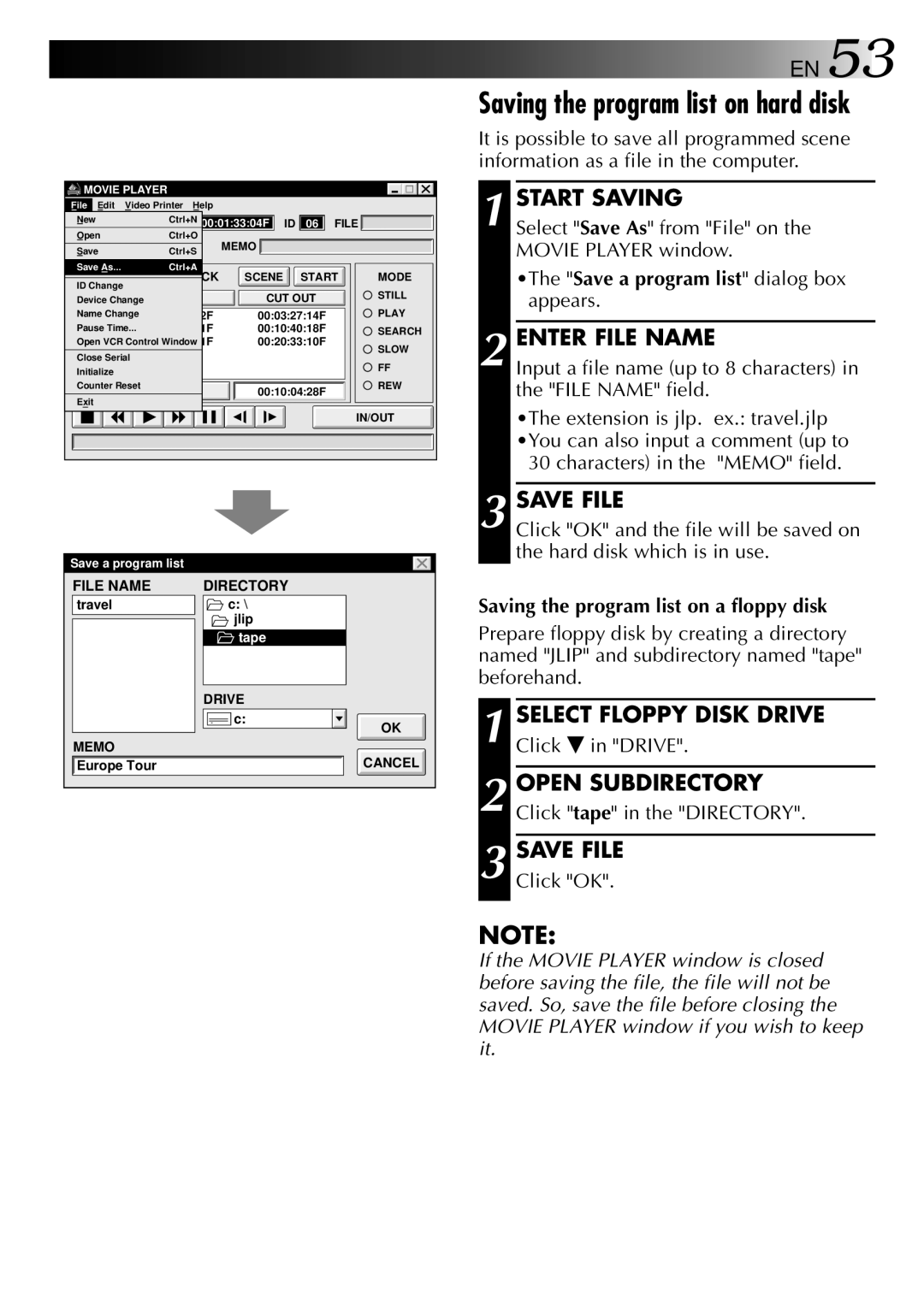 JVC 0397MKV*UN*SN, LYT0002-0H6B manual Start Saving, Enter File Name, Save File, Select Floppy Disk Drive, Open Subdirectory 