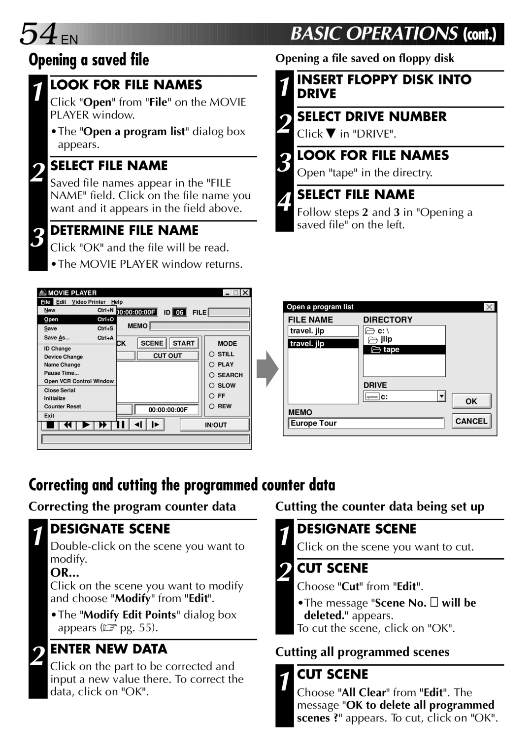 JVC LYT0002-0H6B manual EN BA SIC OP E Rations, Opening a saved file, Correcting and cutting the programmed counter data 