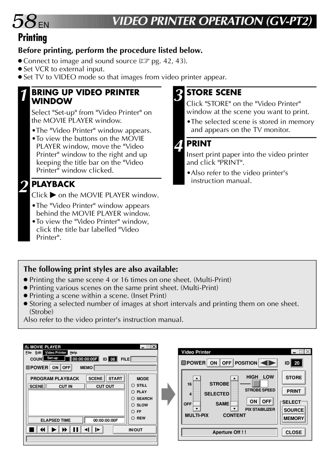 JVC LYT0002-0H6B, 0397MKV*UN*SN manual Printing, Bring UP Video Printer Window, Playback, Store Scene 