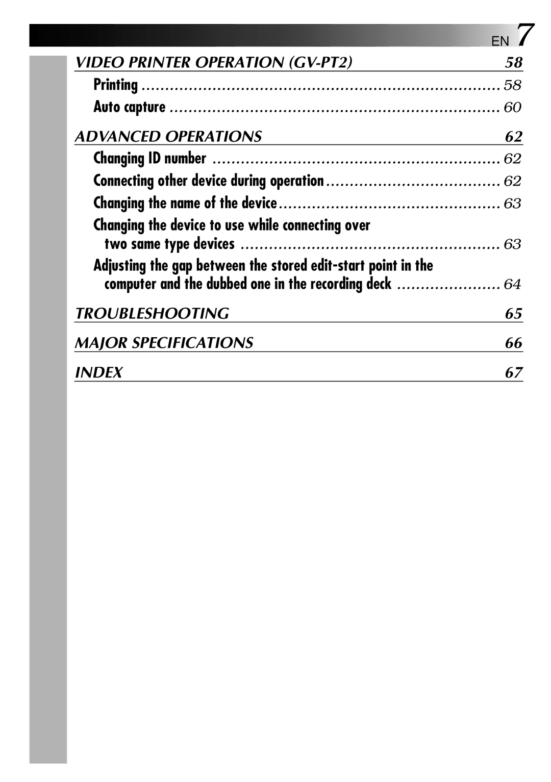 JVC 0397MKV*UN*SN manual Video Printer Operation GV-PT2, Advanced Operations, Troubleshooting Major Specifications Index 