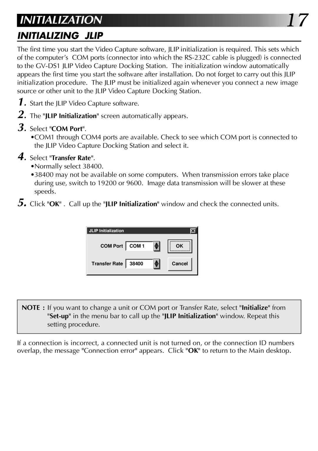 JVC 0397MKV*UN*VP, LYT0002-0J9A manual Initializing Jlip, Select Transfer Rate. Normally select 