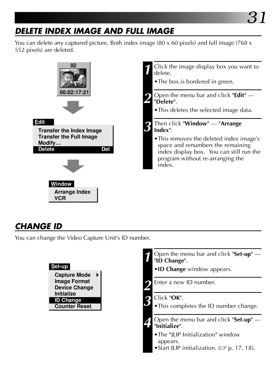 JVC 0397MKV*UN*VP, LYT0002-0J9A manual Delete Index Image and Full Image, Change ID, ID Change, Initialize 