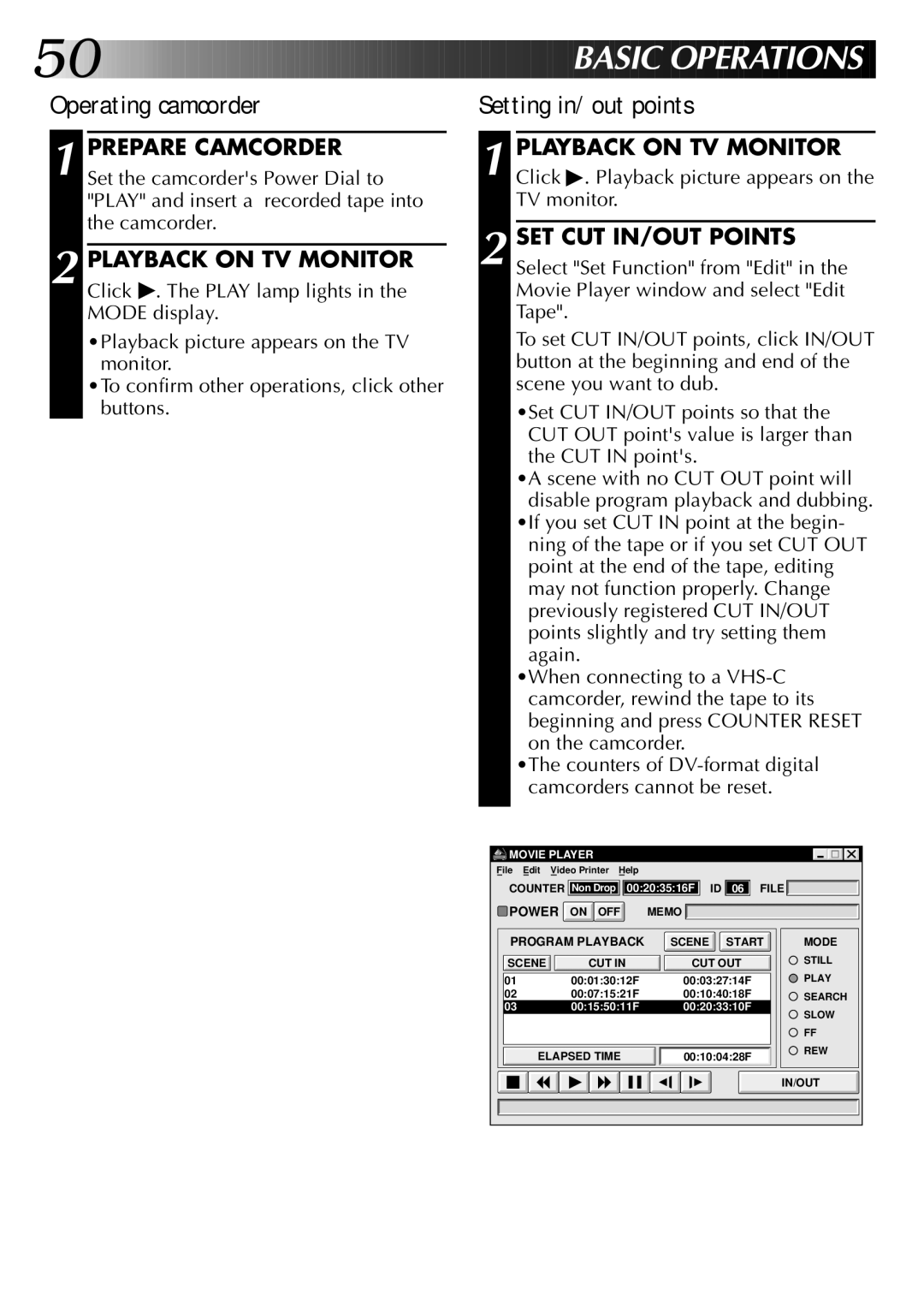 JVC LYT0002-0J9A, 0397MKV*UN*VP manual Basic Oper AT Ions, Operating camcorder, Setting in/out points 