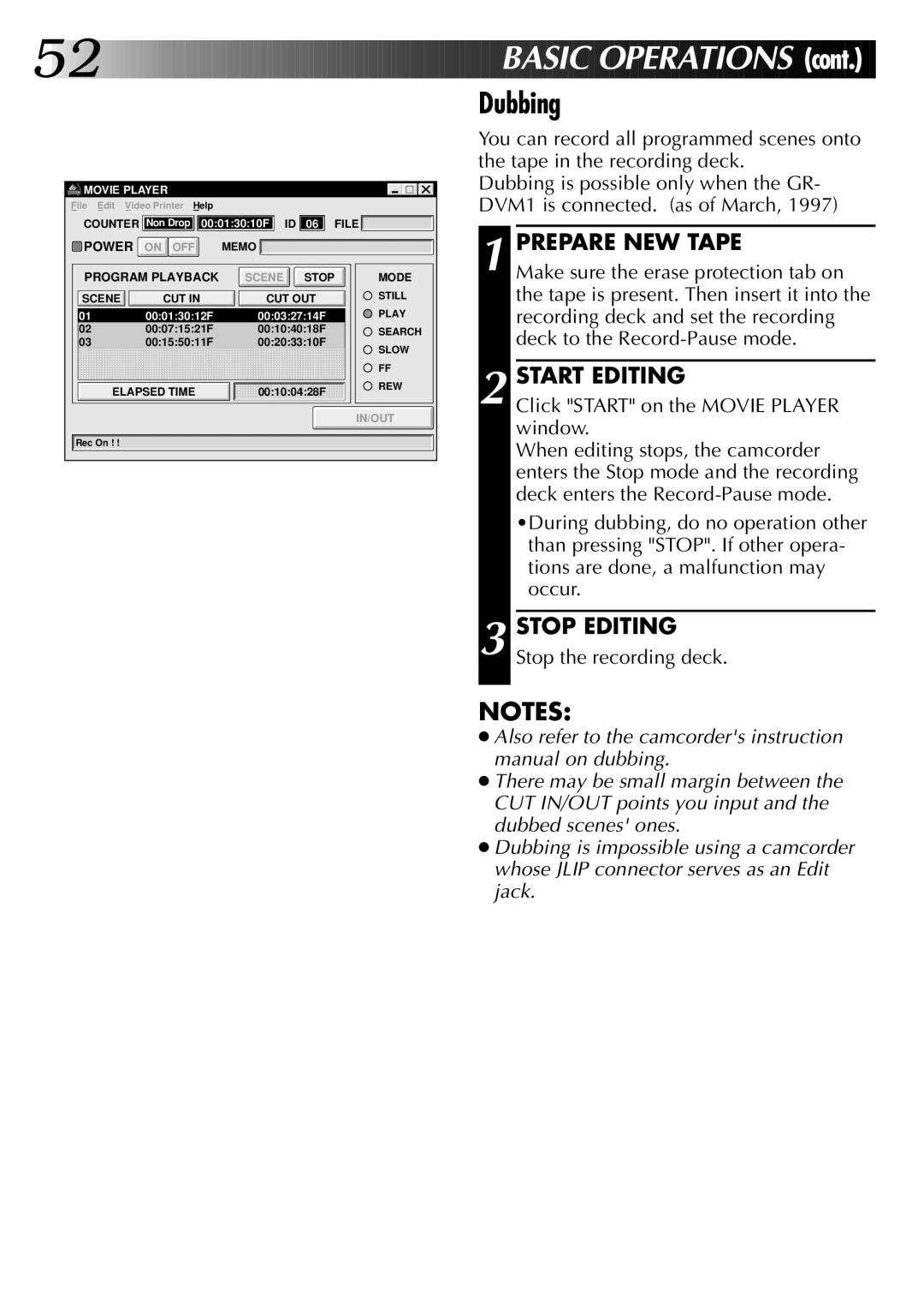 JVC LYT0002-0J9A Basic OP Eration S, Dubbing, Prepare NEW Tape, Start Editing, Click Start on the Movie Player window 