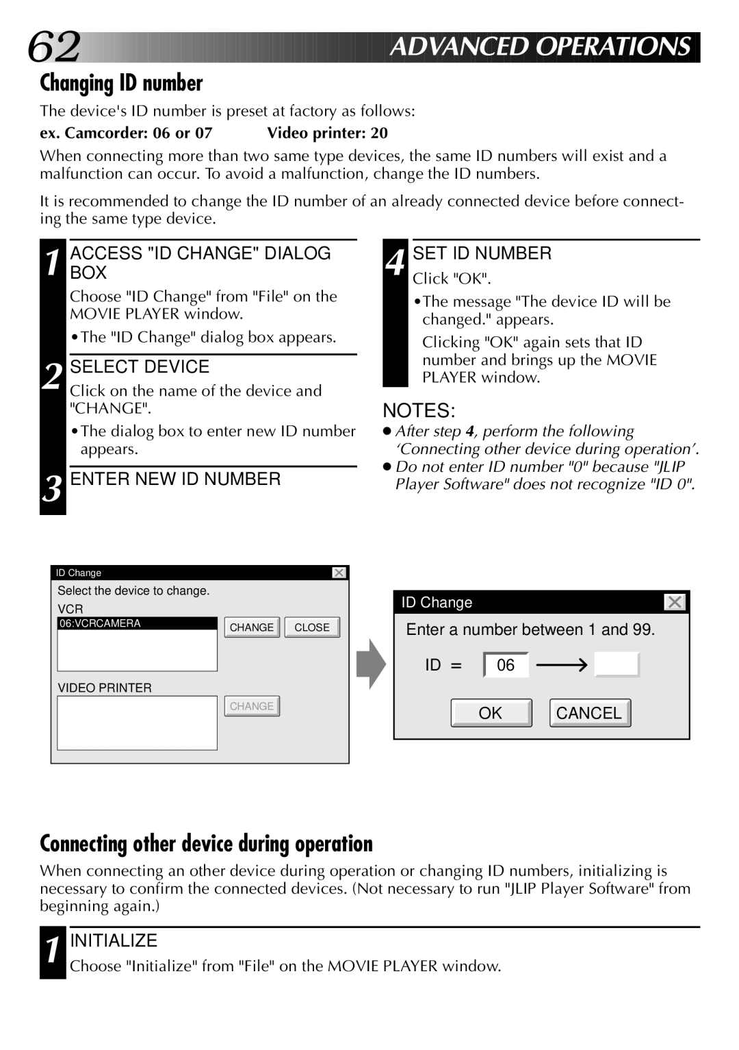 JVC LYT0002-0J9A, 0397MKV*UN*VP manual Advan CED Oper AT Ions, Changing ID number, Connecting other device during operation 