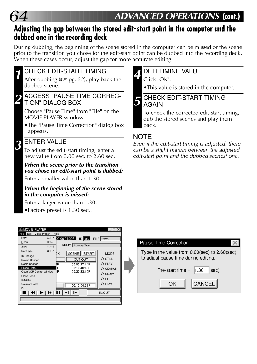 JVC LYT0002-0J9A manual Advanc ED Operat Ions, Access Pause Time CORREC- Tion Dialog BOX, Enter Value, Determine Value 