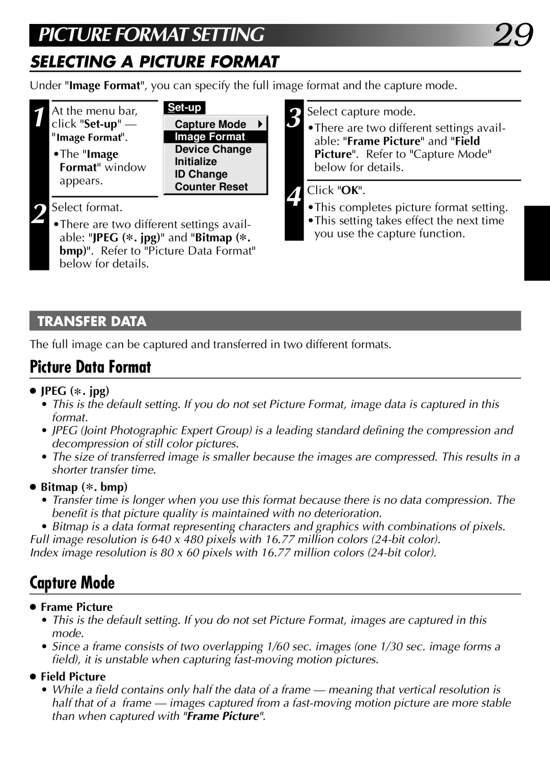 JVC 0397MKV*UN*YP, LYT0002-0M1B, GV-DS1 manual Picture Data Format, Capture Mode, Selecting a Picture Format 