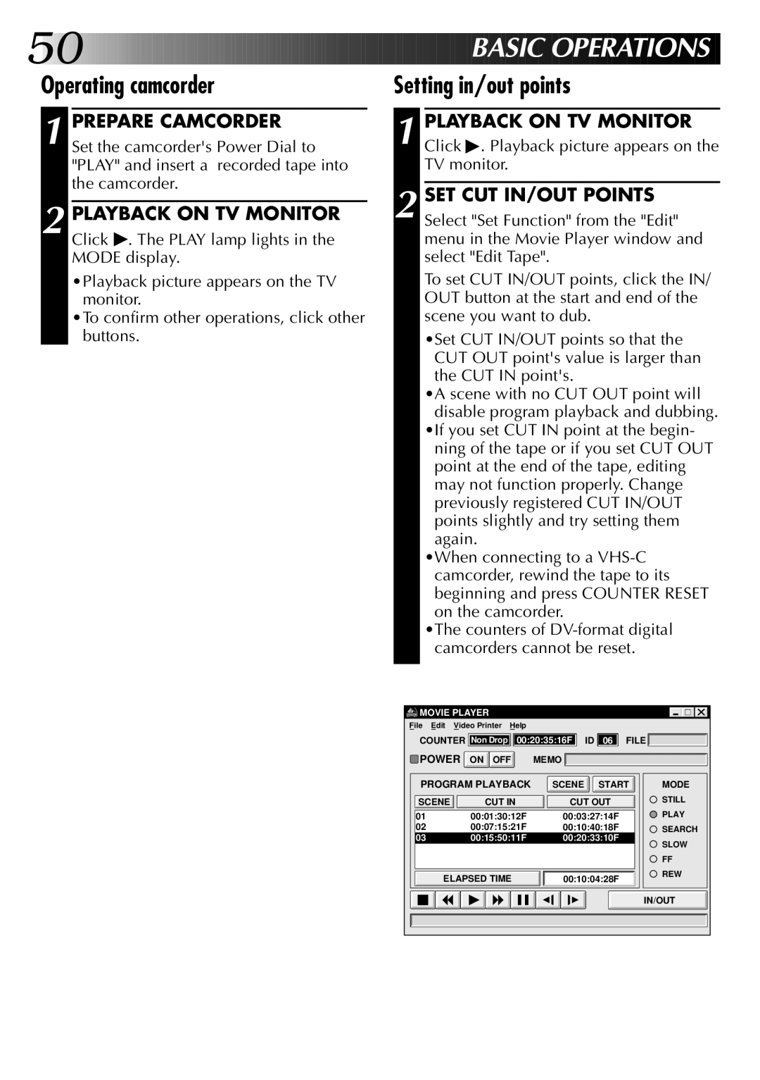 JVC 0397MKV*UN*YP, LYT0002-0M1B, GV-DS1 manual Basic Oper AT Ions, Operating camcorder, Setting in/out points 