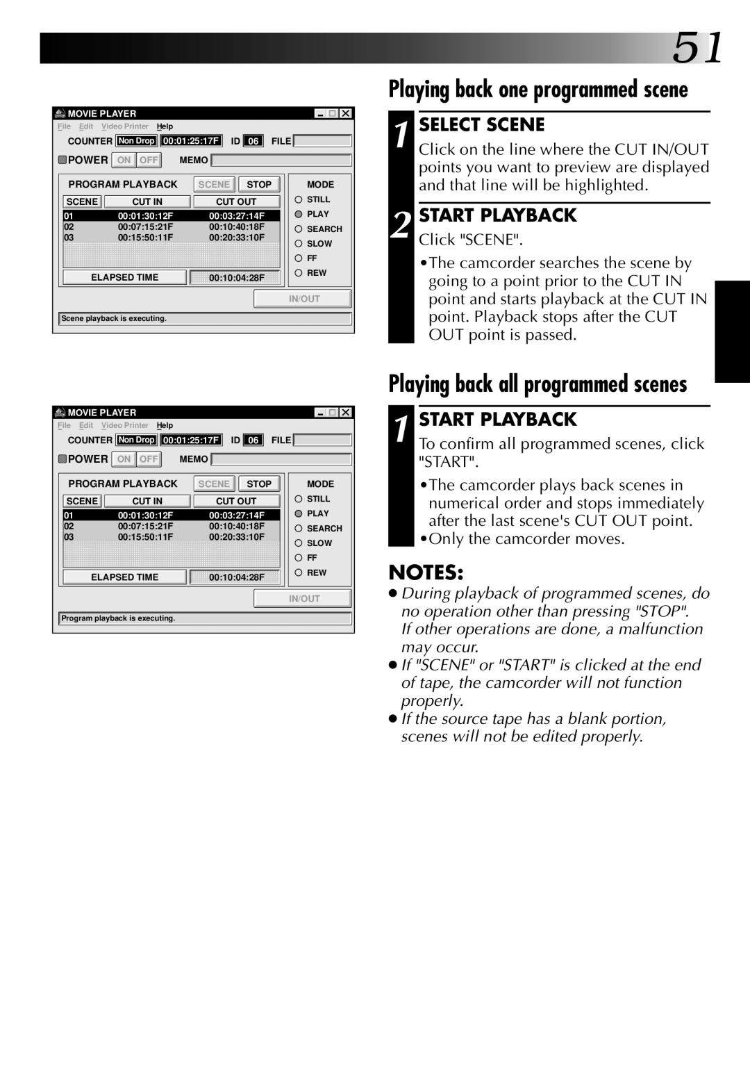 JVC LYT0002-0M1B Select Scene, Start Playback, To confirm all programmed scenes, click Start, Only the camcorder moves 