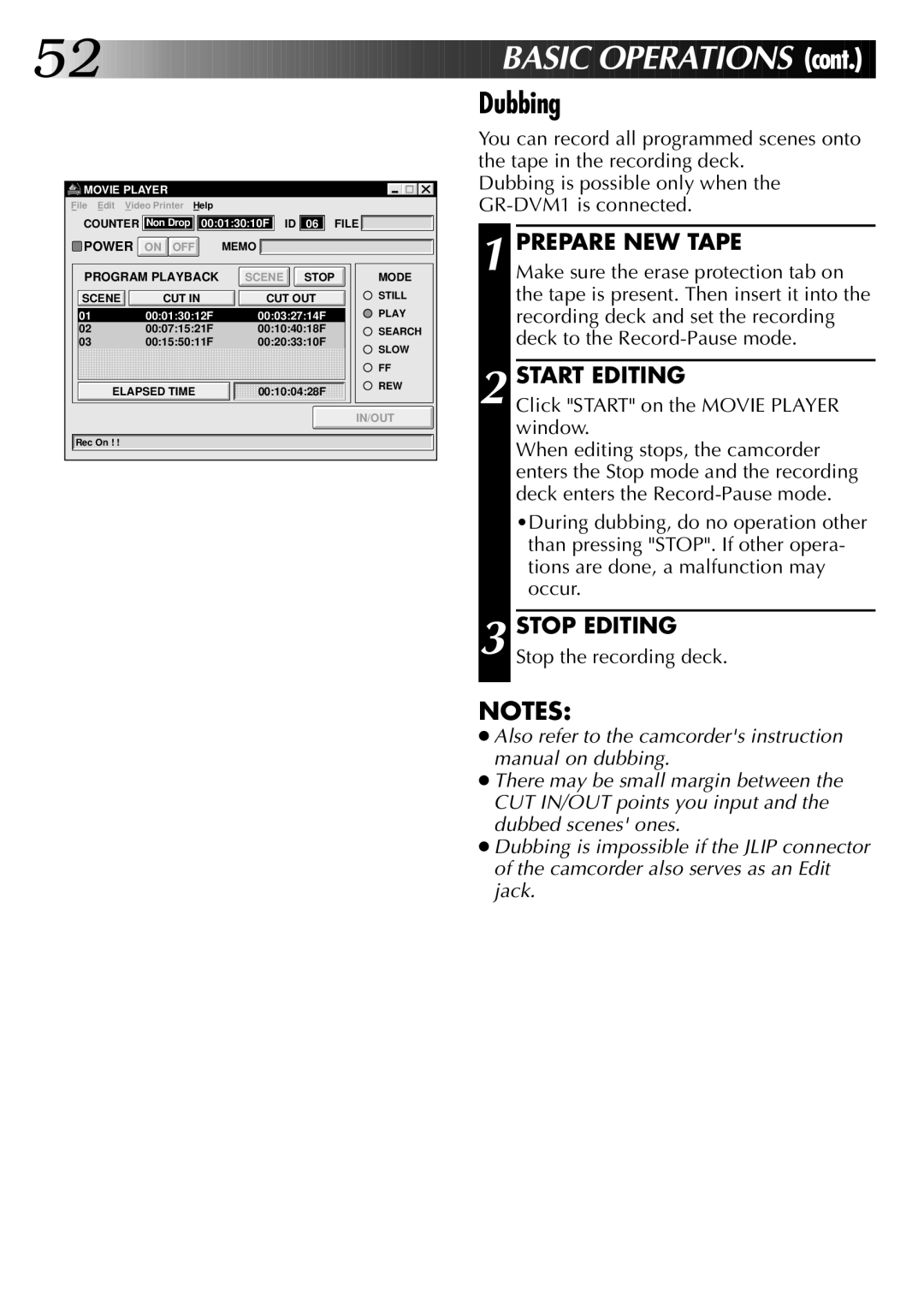 JVC GV-DS1 manual Basic OP Eration S, Dubbing, Prepare NEW Tape, Start Editing, Click Start on the Movie Player window 