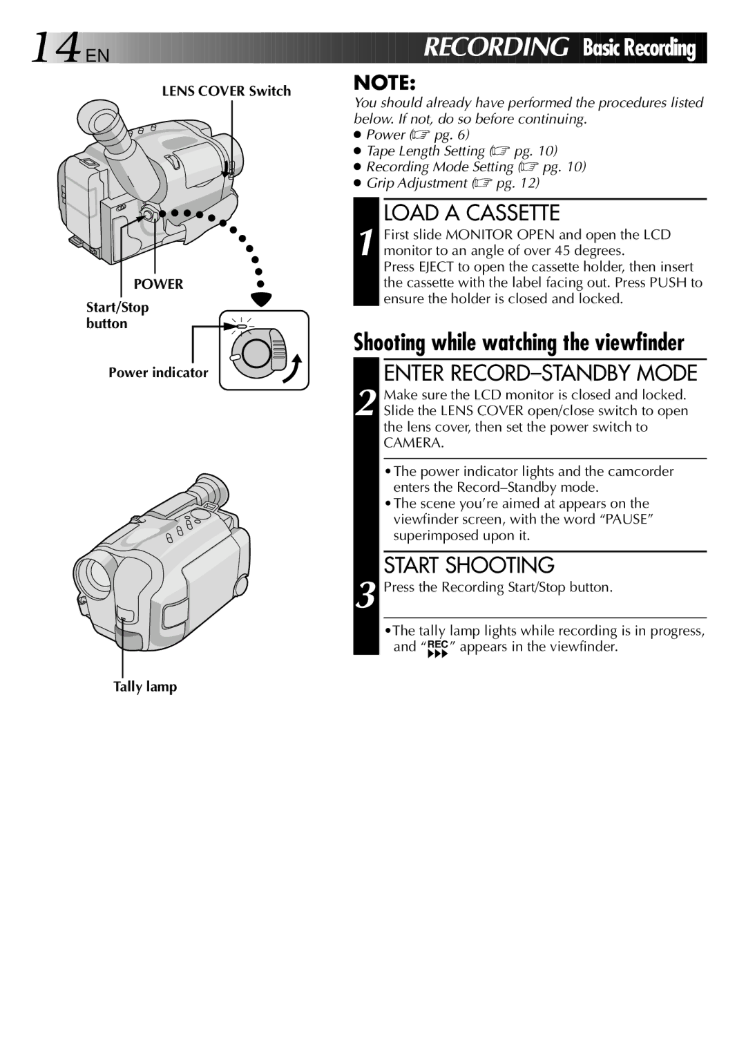 JVC LYT0002-0N4B specifications Load a Cassette, Enter RECORD-STANDBY Mode, Start Shooting, Power 