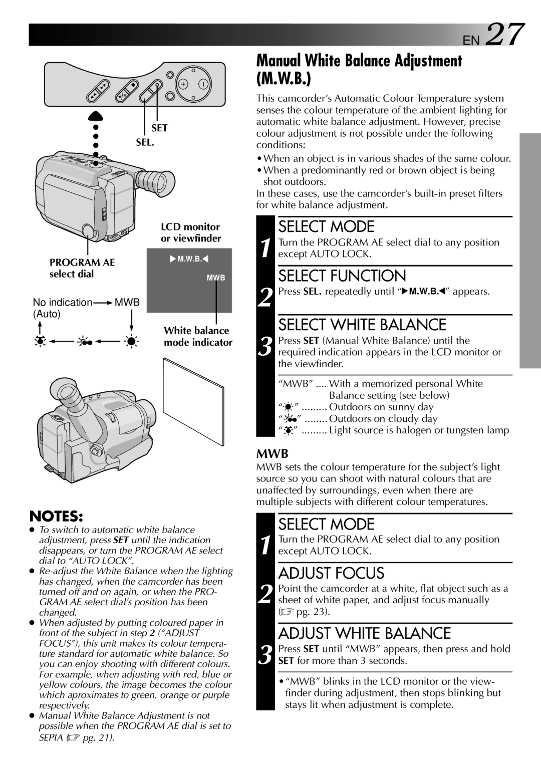 JVC LYT0002-0N4B Manual White Balance Adjustment M.W.B, Select White Balance, Adjust Focus, Adjust White Balance 