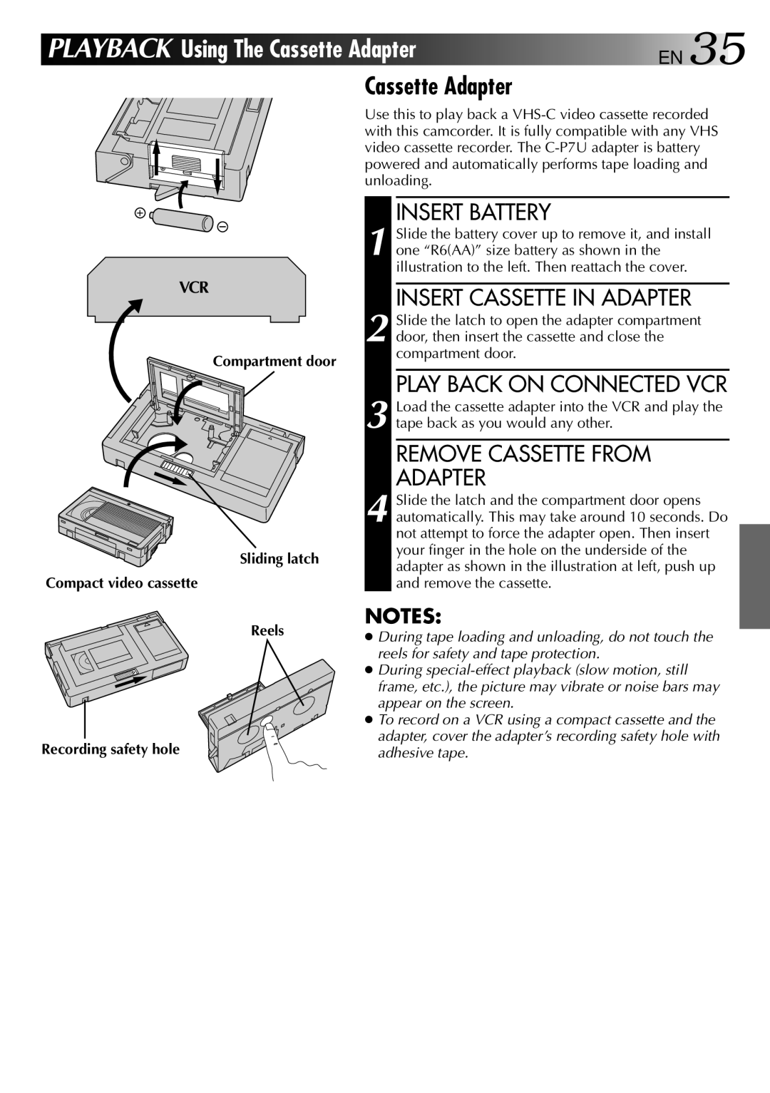 JVC LYT0002-0N4B Cassette Adapter, Insert Cassette in Adapter, Play Back on Connected VCR, Remove Cassette from Adapter 