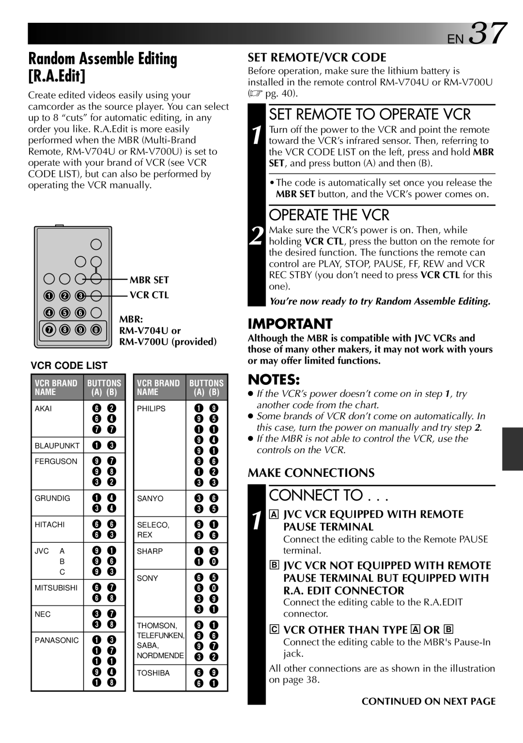 JVC LYT0002-0N4B specifications Random Assemble Editing R.A.Edit, SET Remote to Operate VCR, Operate the VCR, Connect to 