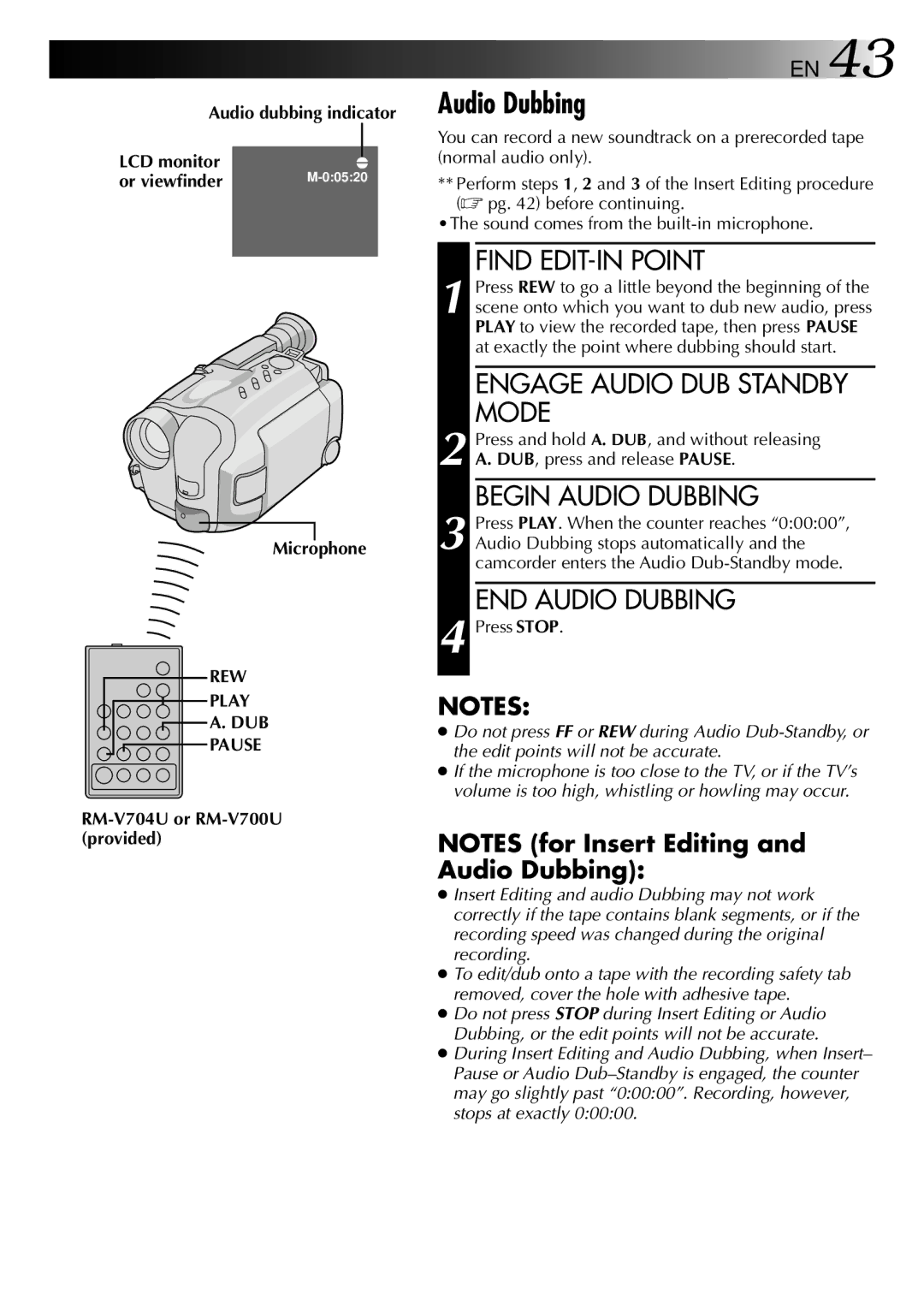 JVC LYT0002-0N4B specifications Audio dubbing indicator, Microphone, REW Play, Dub 