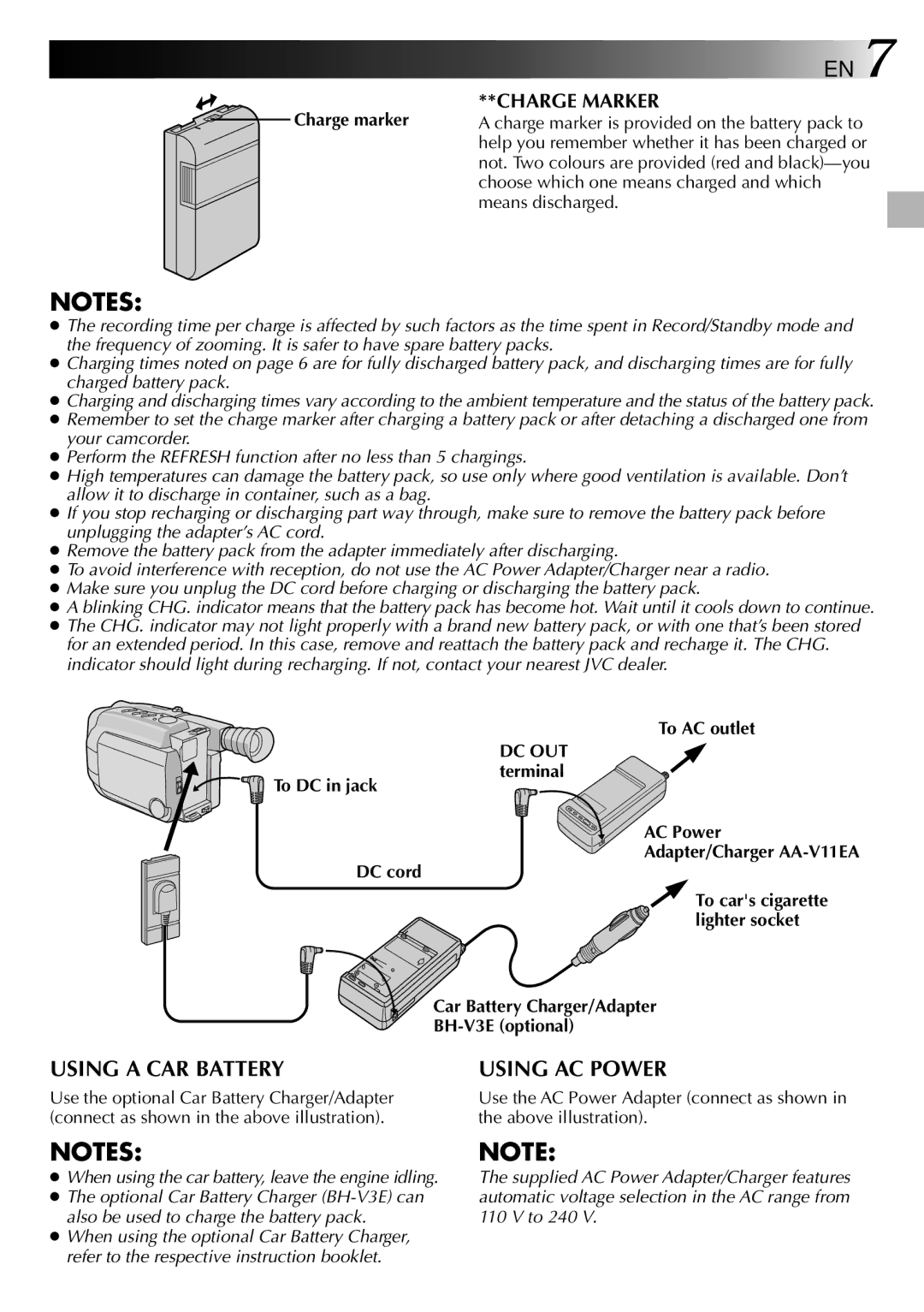 JVC LYT0002-0N4B specifications Charge marker, Car Battery Charger/Adapter BH-V3E optional 