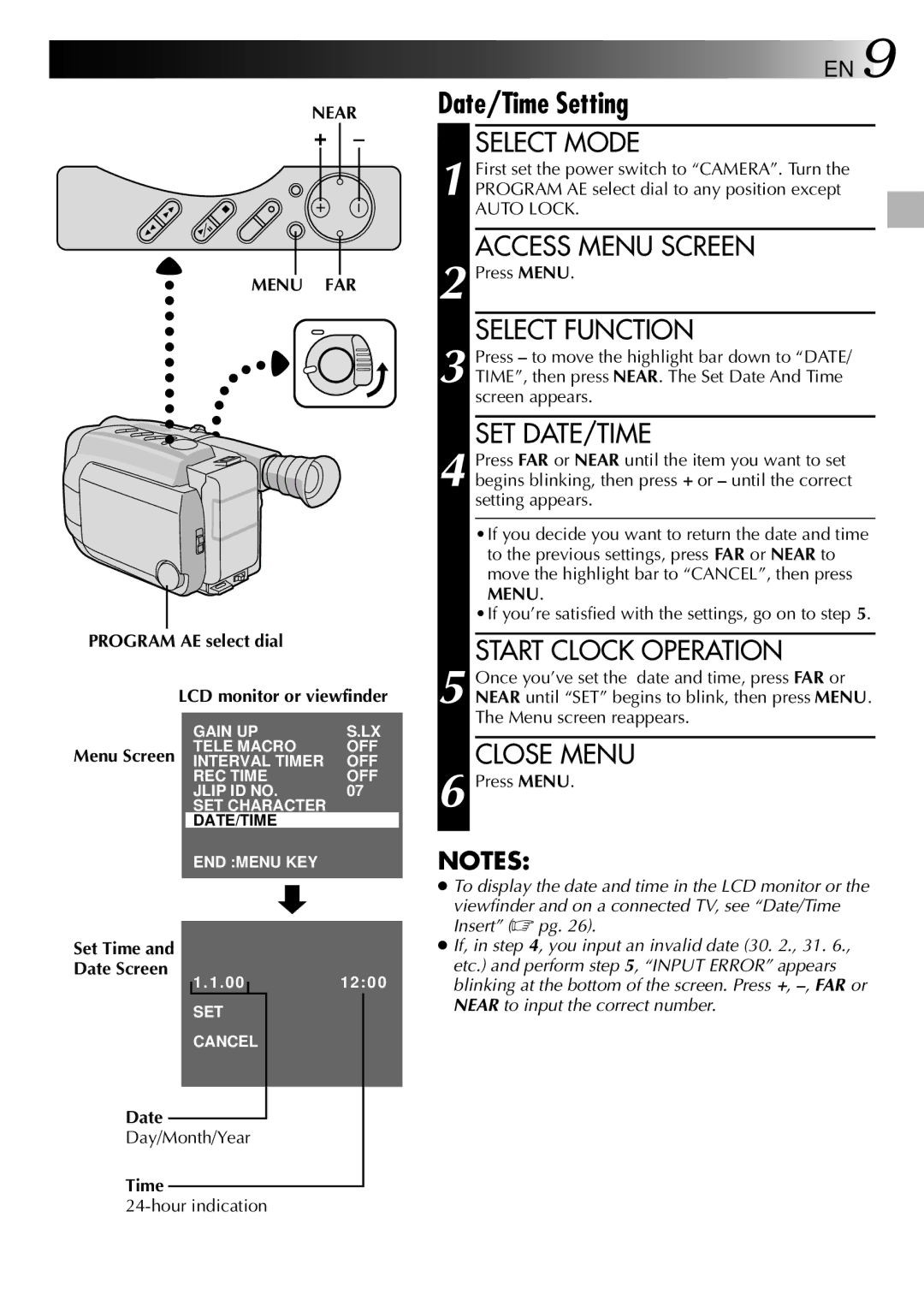 JVC LYT0002-0N4B specifications Start Clock Operation, Close Menu, Near Menu FAR 