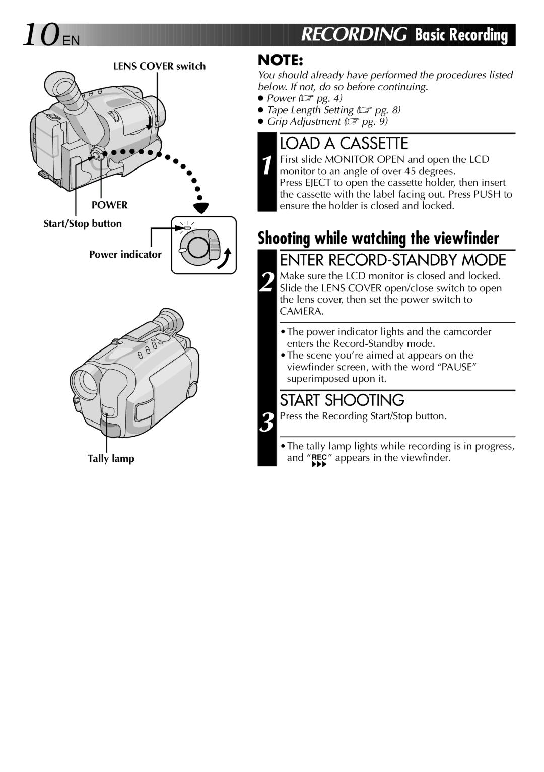 JVC LYT0002-0N5A manual RE Cordi NG Basic Recording, Load a Cassette, Enter RECORD-STANDBY Mode, Start Shooting 