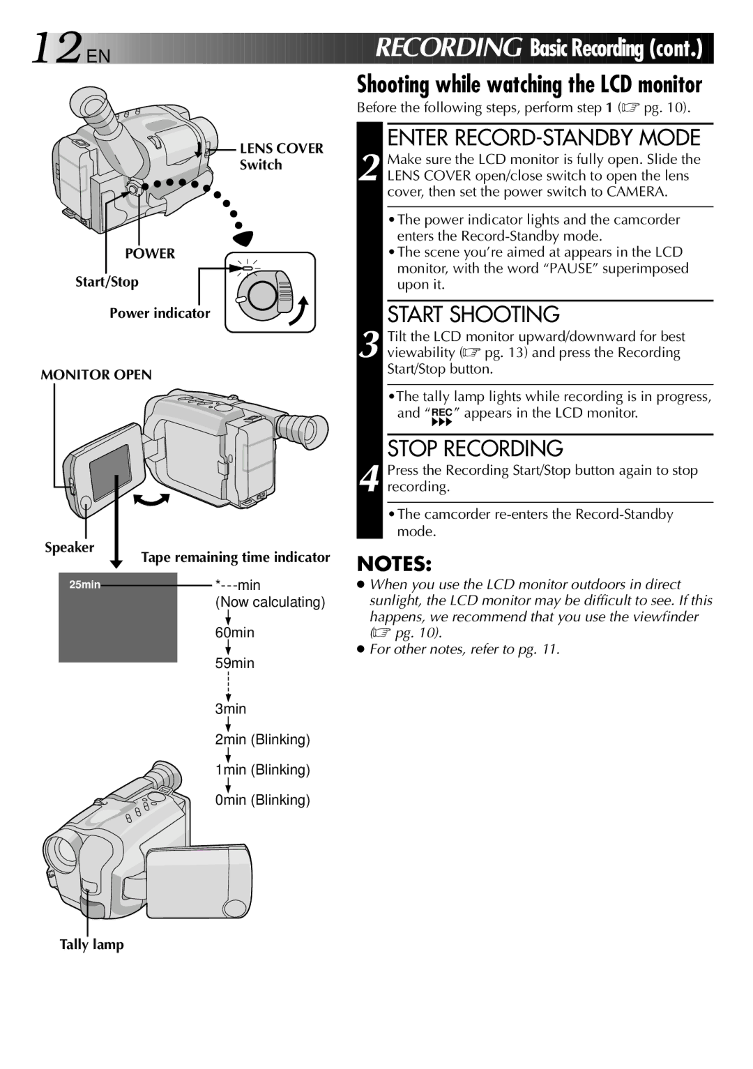 JVC LYT0002-0N5A manual Lens Cover, Switch, Start/Stop Power indicator, Monitor Open, Speaker Tape remaining time indicator 