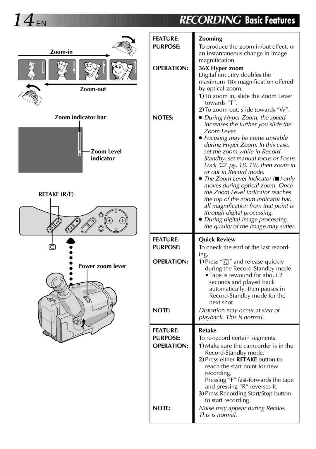 JVC LYT0002-0N5A manual EN Recording, Retake R/F, Feature, Purpose 