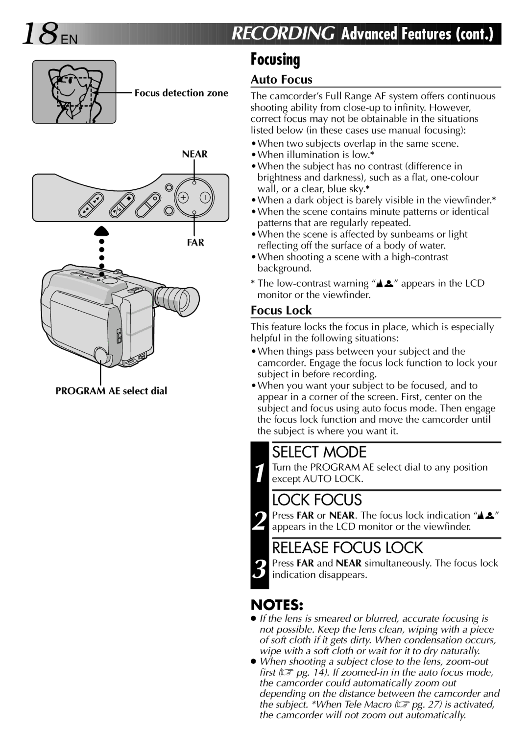 JVC LYT0002-0N5A manual EN Recordi NG, Focusing, Lock Focus, Release Focus Lock, Near FAR 