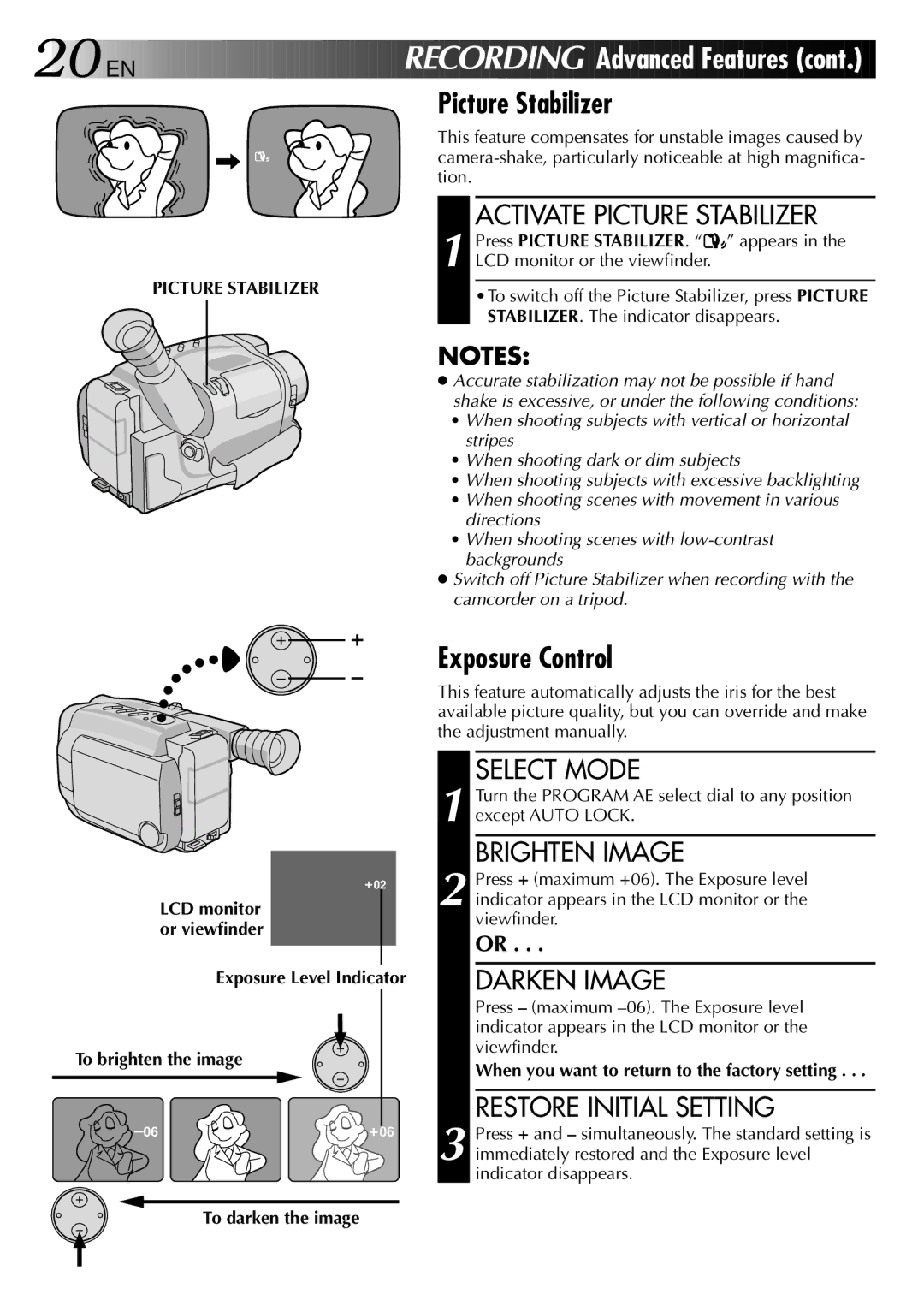 JVC LYT0002-0N5A manual Picture Stabilizer, Exposure Control, Brighten Image, Darken Image, Restore Initial Setting 