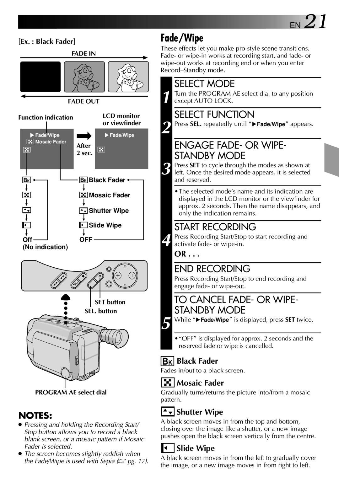 JVC LYT0002-0N5A manual Fade/Wipe, Select Function, Engage FADE- or Wipe Standby Mode, END Recording 