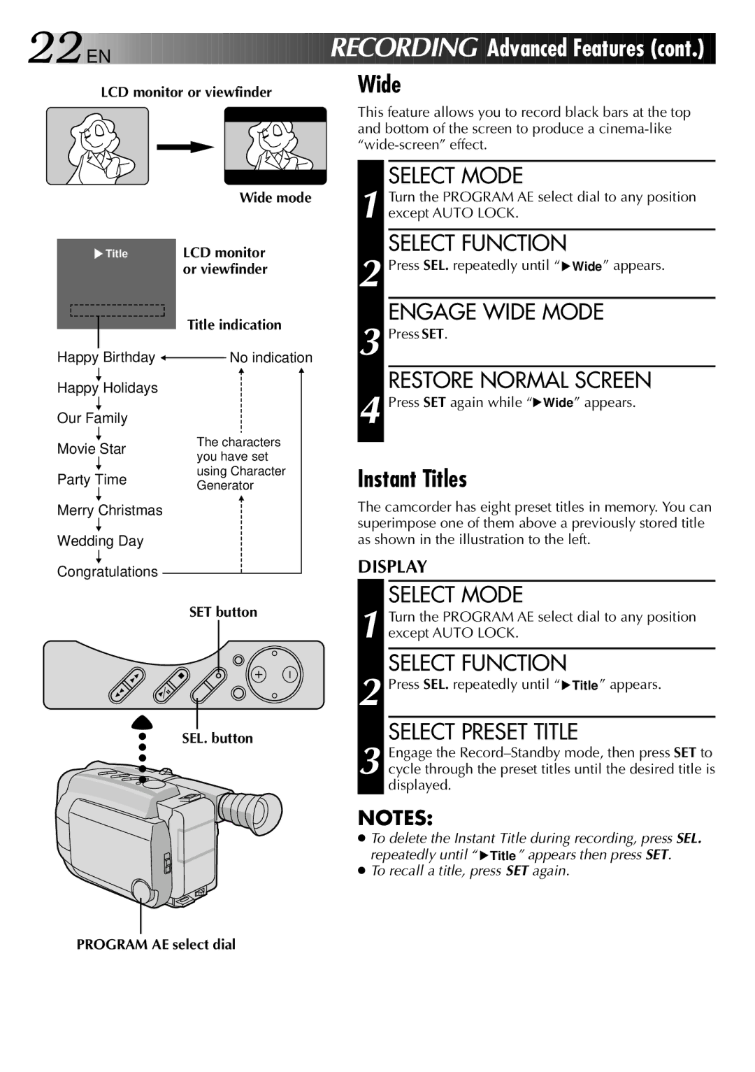 JVC LYT0002-0N5A manual Instant Titles, Engage Wide Mode, Restore Normal Screen, Select Preset Title 