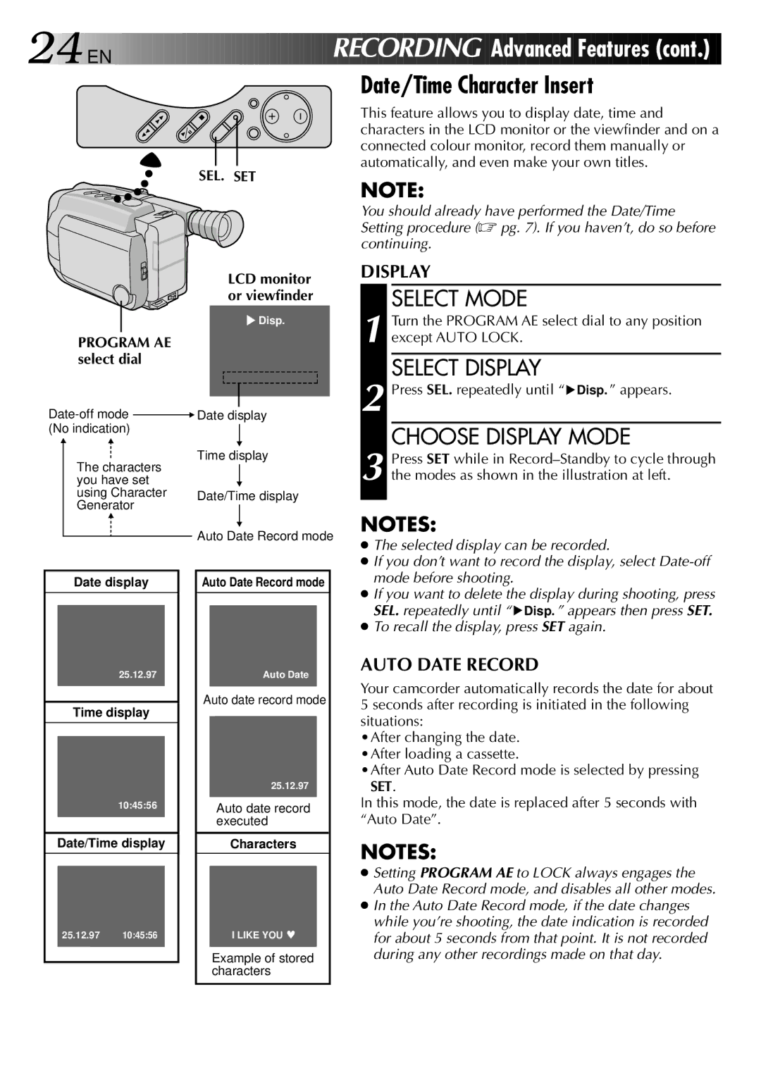 JVC LYT0002-0N5A manual Date/Time Character Insert, Select Display, Choose Display Mode, Sel. Set 