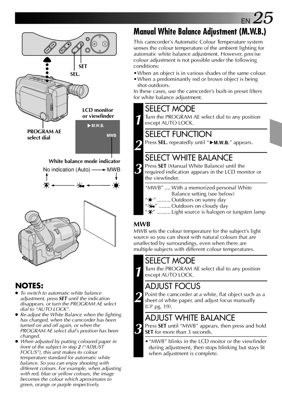 JVC LYT0002-0N5A manual Select White Balance, Adjust Focus, Adjust White Balance, Set Sel 