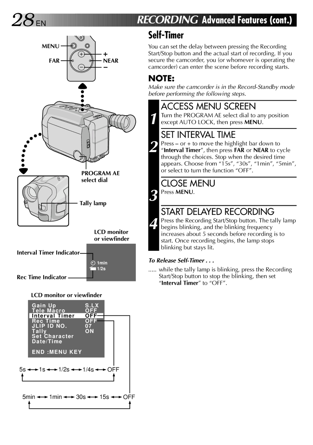 JVC LYT0002-0N5A manual Menu FAR Near, Program AE select dial Tally lamp, Interval Timer Indicator 