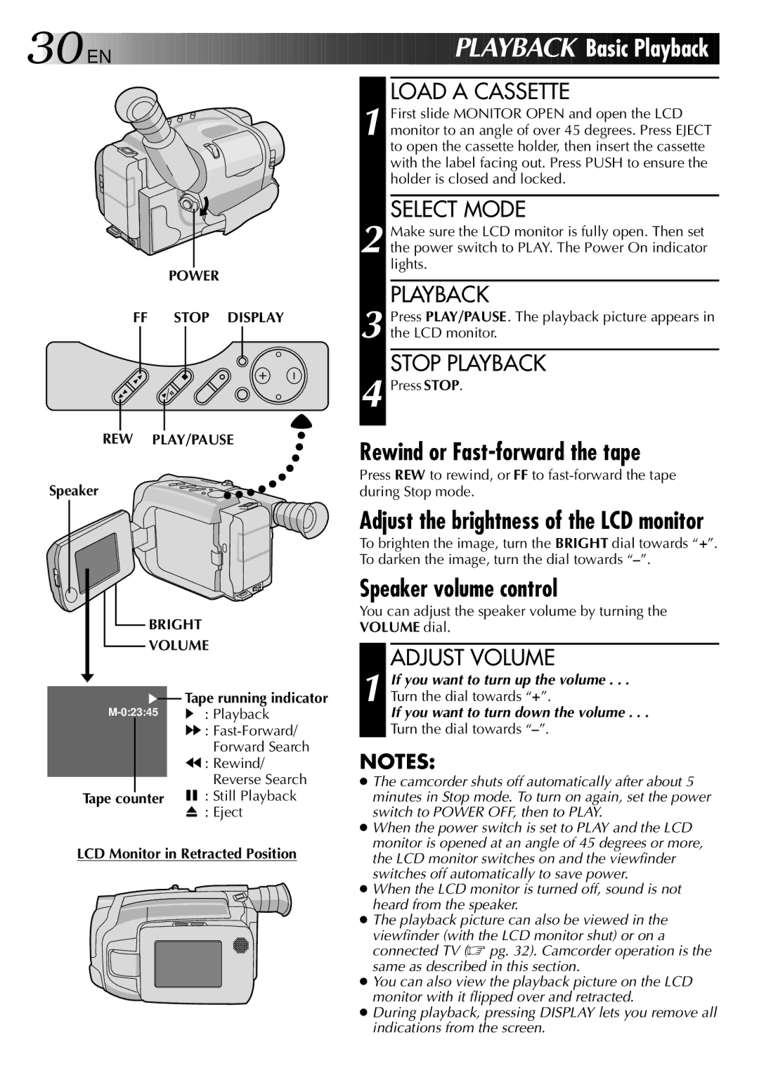 JVC LYT0002-0N5A manual EN Playback, Rewind or Fast-forward the tape, Speaker volume control 