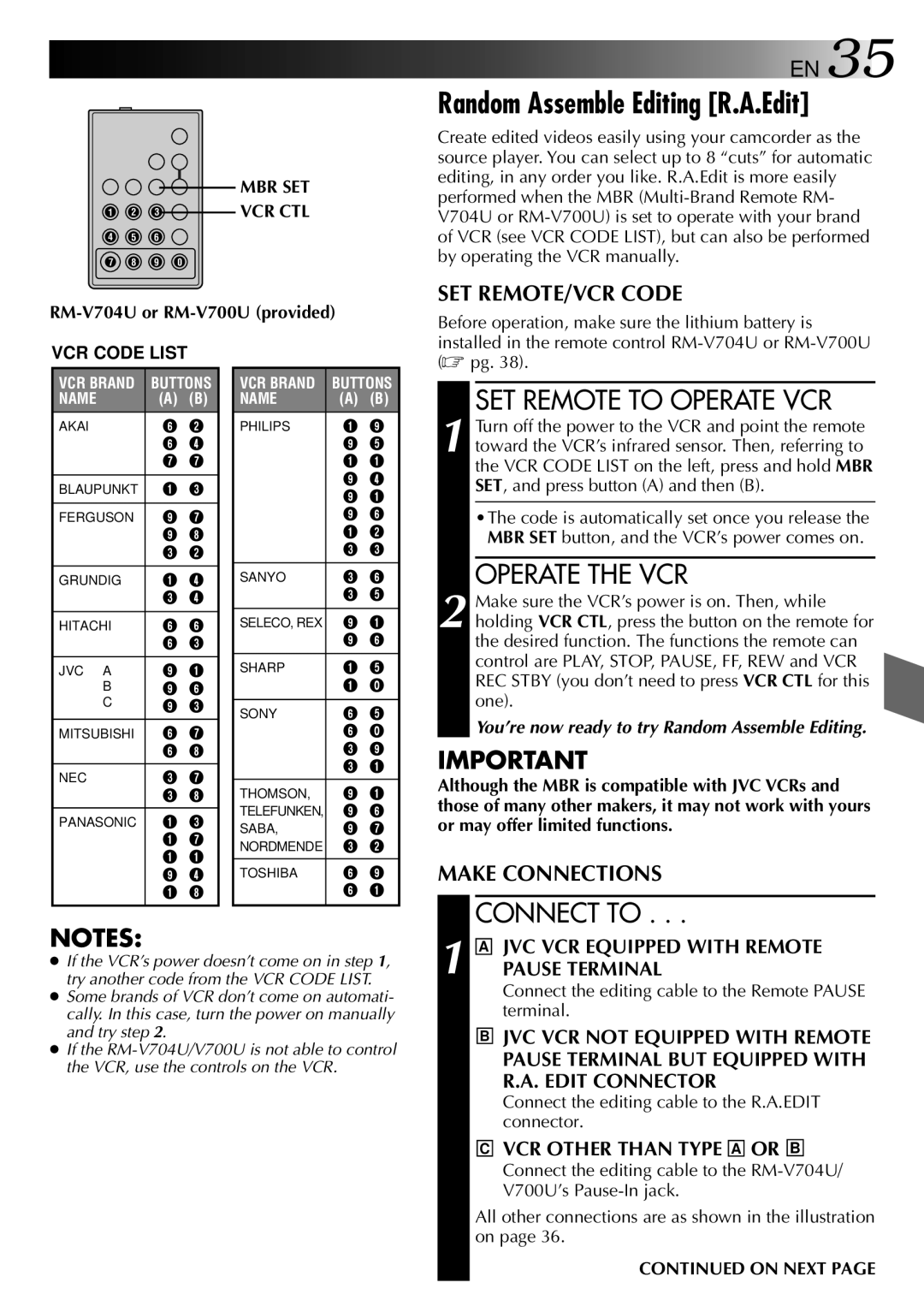 JVC LYT0002-0N5A manual Random Assemble Editing R.A.Edit, SET Remote to Operate VCR, Operate the VCR, Connect to, On Next 