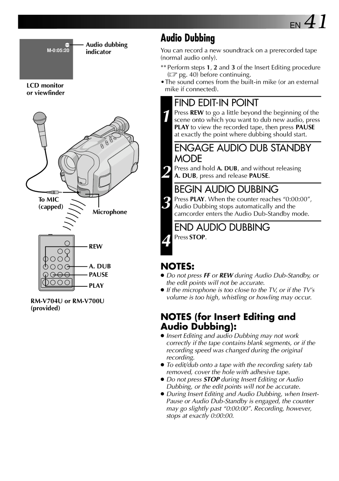 JVC LYT0002-0N5A manual Audio dubbing, To MIC Capped Microphone, Dub, Pause Play 