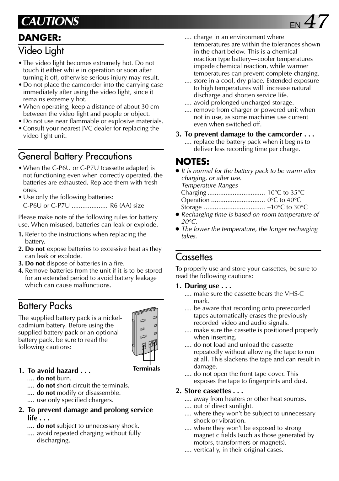 JVC LYT0002-0N5A manual Do not burn, Do not modify or disassemble Use only specified chargers 