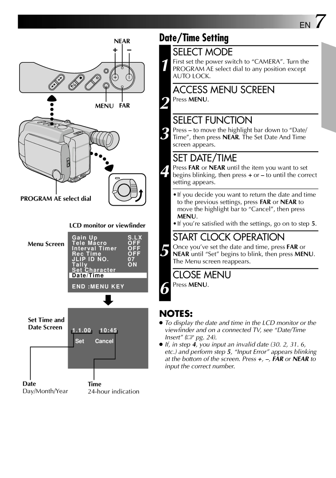 JVC LYT0002-0N5A manual Start Clock Operation, Close Menu, Near Menu FAR, Program AE select dial, Press Menu 