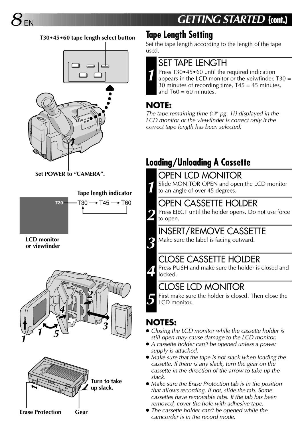 JVC LYT0002-0N5A manual EN Getting S Tarted, Loading/Unloading a Cassette 