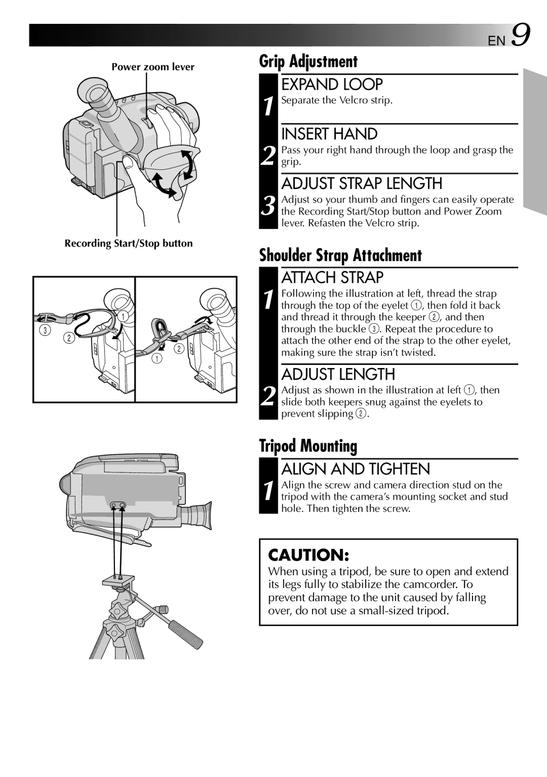 JVC LYT0002-0N5A manual Grip Adjustment, Shoulder Strap Attachment, Tripod Mounting 