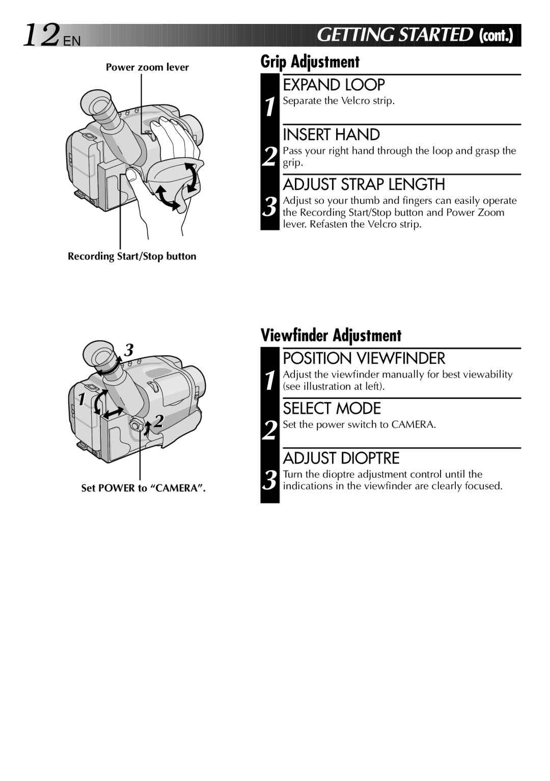 JVC LYT0002-0P1A specifications Grip Adjustment, Viewfinder Adjustment 