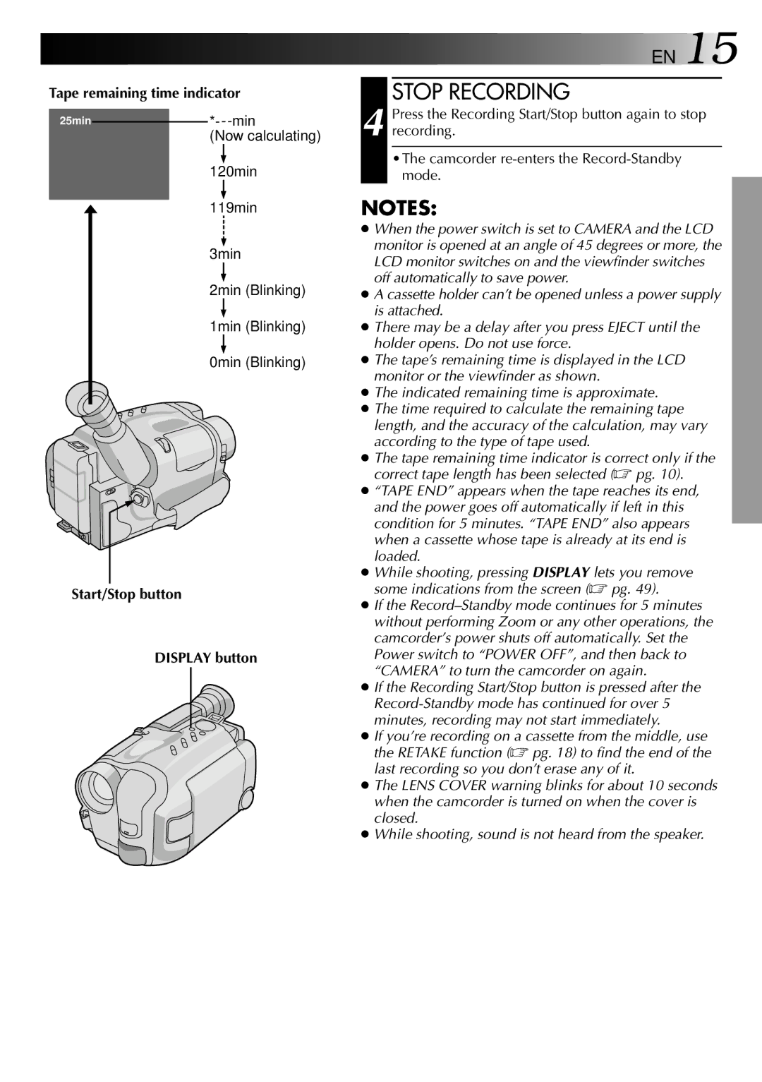 JVC LYT0002-0P1A specifications Stop Recording, Tape remaining time indicator, Start/Stop button Display button 