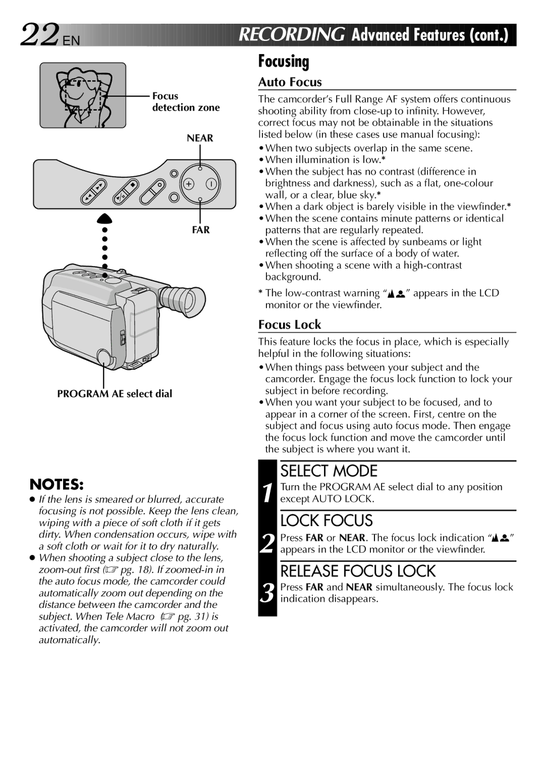 JVC LYT0002-0P1A specifications Focusing, Lock Focus, Release Focus Lock, Near FAR, Patterns that are regularly repeated 