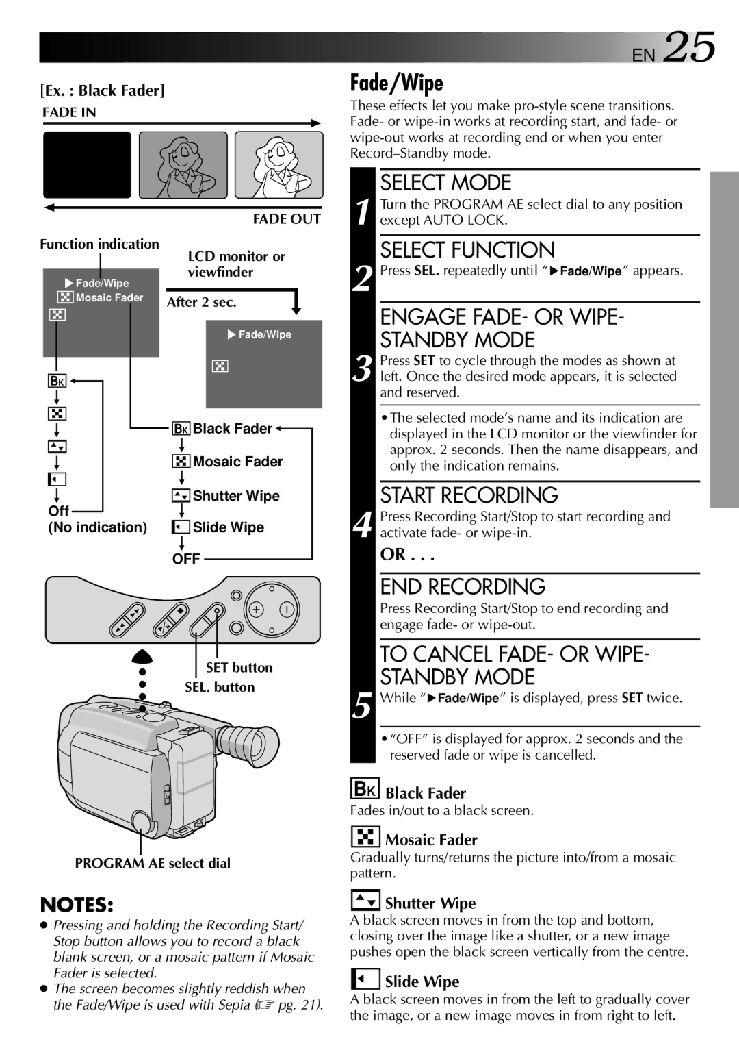 JVC LYT0002-0P1A specifications Fade/Wipe, Select Function, Engage FADE- or Wipe Standby Mode, END Recording 