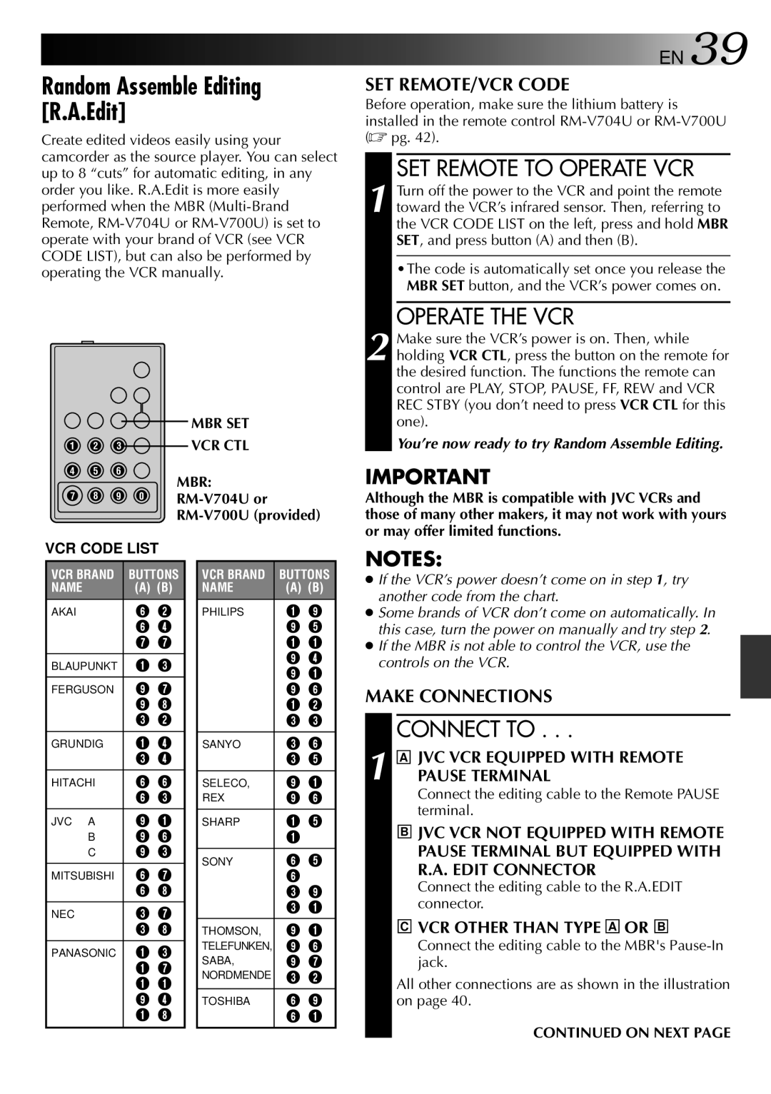 JVC LYT0002-0P1A specifications Random Assemble Editing R.A.Edit, SET Remote to Operate VCR, Operate the VCR, Connect to 