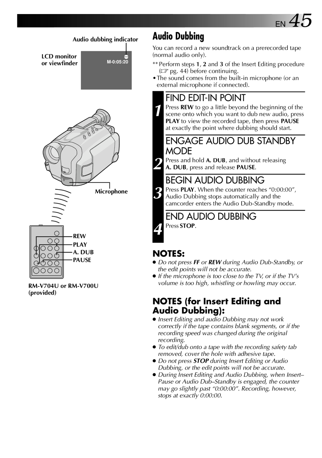 JVC LYT0002-0P1A specifications Audio dubbing indicator, Microphone, REW Play, Dub 