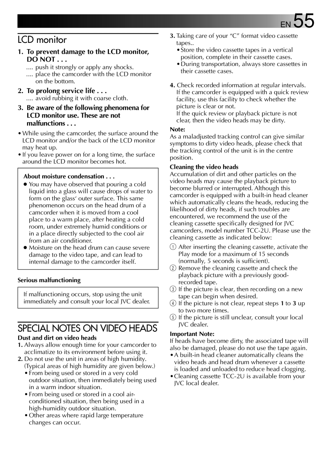 JVC LYT0002-0P1A About moisture condensation, Serious malfunctioning, Dust and dirt on video heads, Important Note 