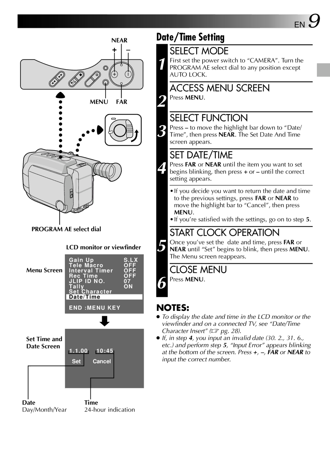 JVC LYT0002-0P1A specifications Start Clock Operation, Close Menu, Near Menu FAR 