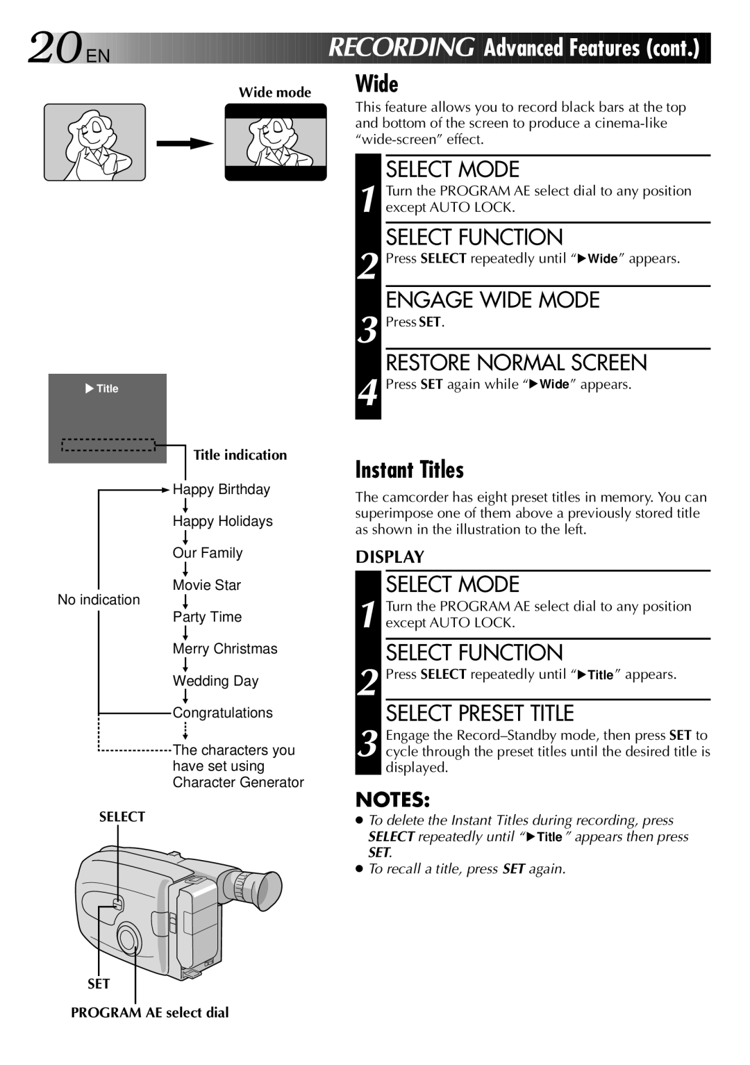 JVC LYT0002-0P7A, 0597TOV*UN*SN manual Instant Titles, Engage Wide Mode, Restore Normal Screen, Select Preset Title 