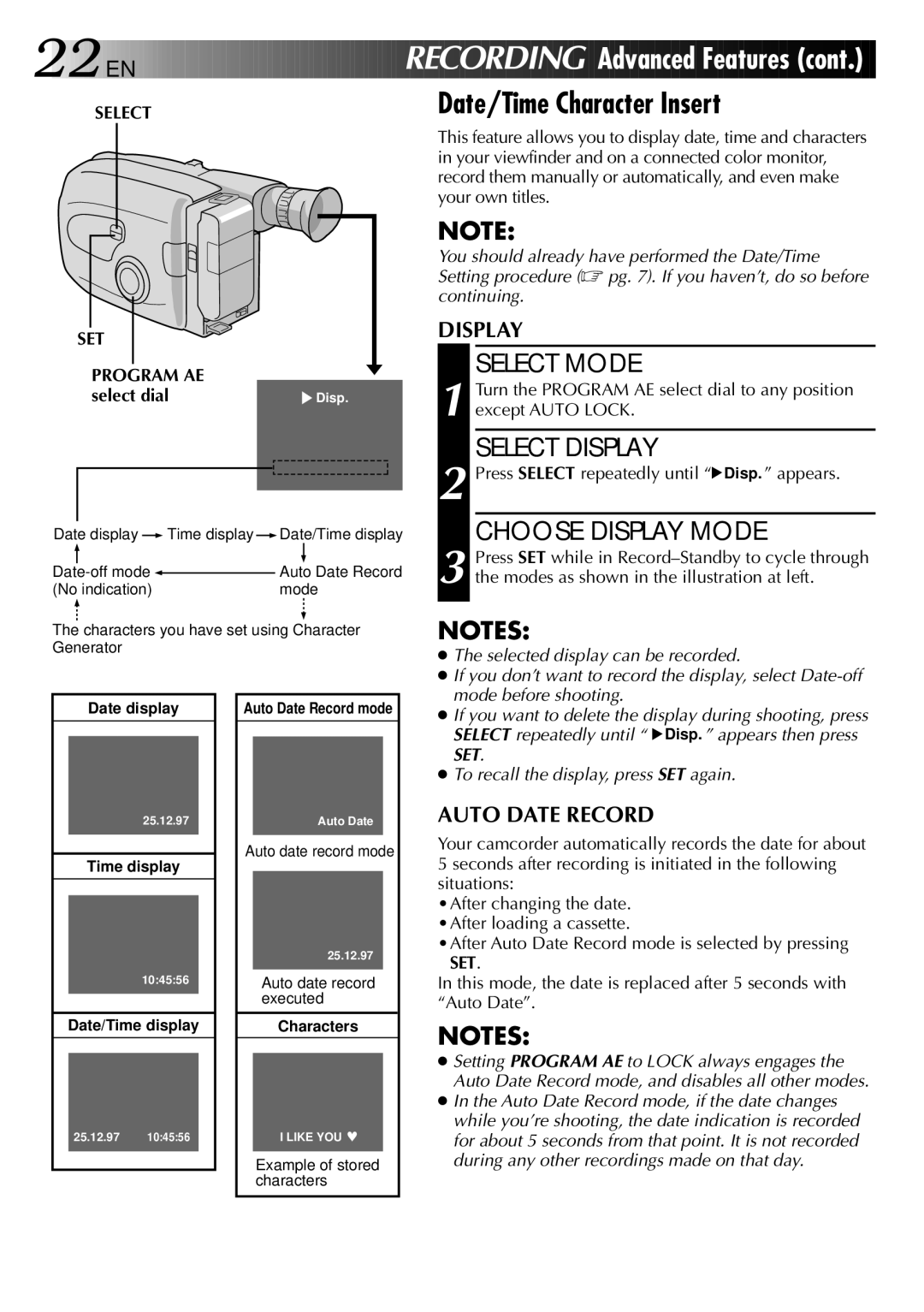 JVC LYT0002-0P7A, 0597TOV*UN*SN manual Date/Time Character Insert, Select Display, Choose Display Mode, SET Program AE 