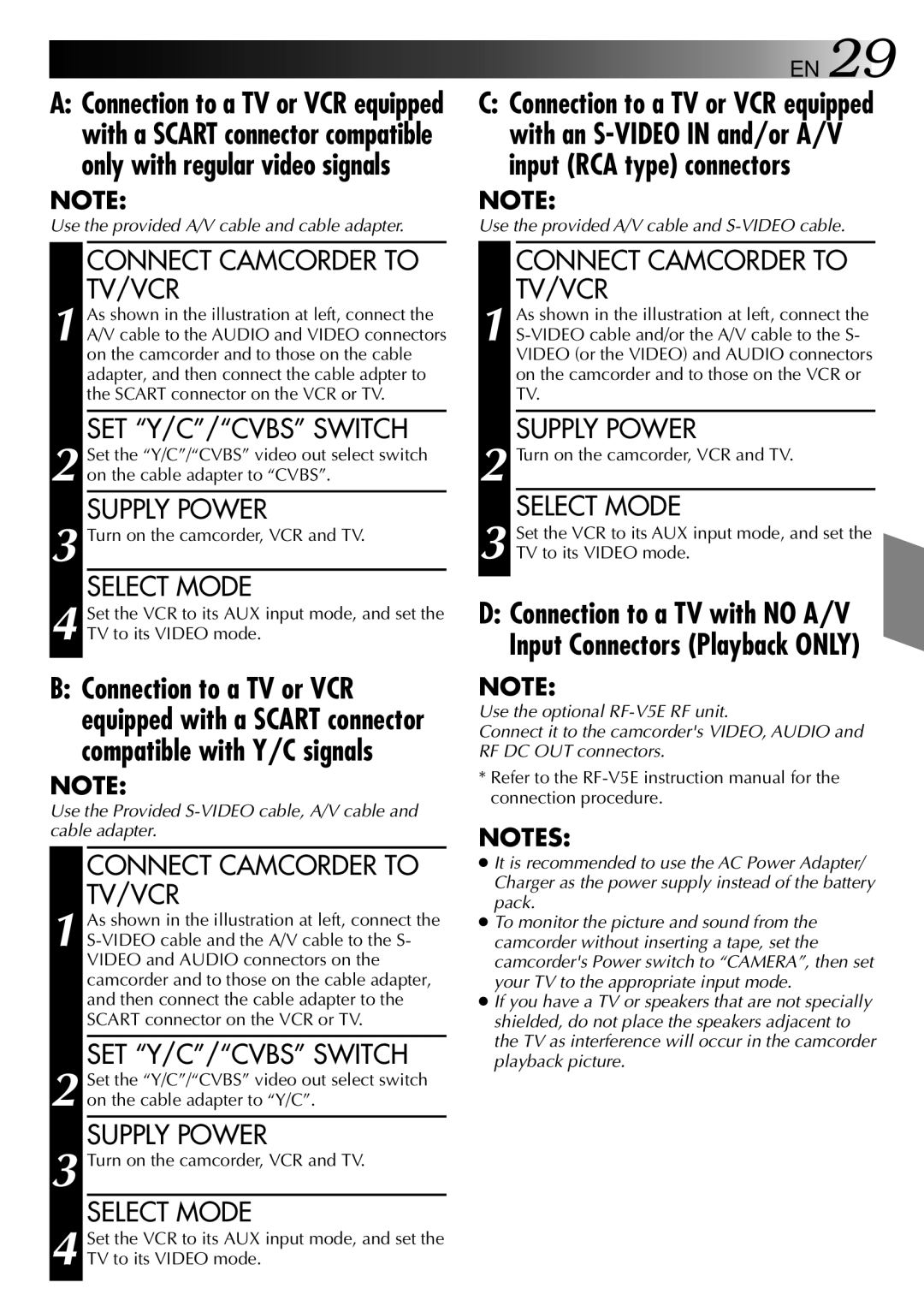 JVC 0597TOV*UN*SN, LYT0002-0P7A manual Connect Camcorder to TV/VCR, SET Y/C/CVBS Switch, Turn on the camcorder, VCR and TV 